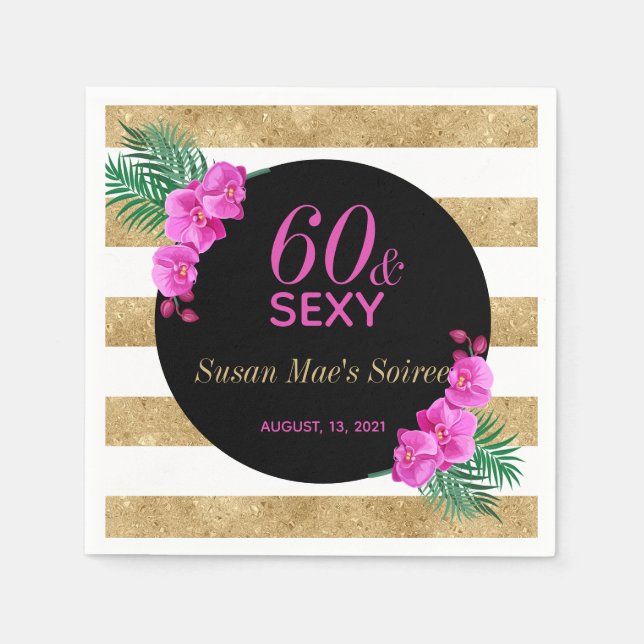 Serviette En Papier Soixante & Sexy Gold Black 60e fête d'anniversaire (Devant)
