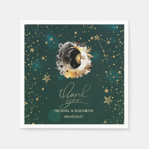 Serviette En Papier Soleil Céleste Et Fleurs Lune Étoiles Vert