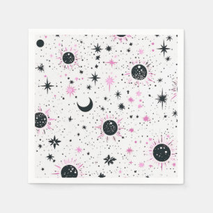 Serviette En Papier Soleil Lune Étoiles Célestes Noir et Rose
