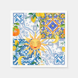 Serviette En Papier soleil méditerranéen, fleurs, citron, moitié lune,