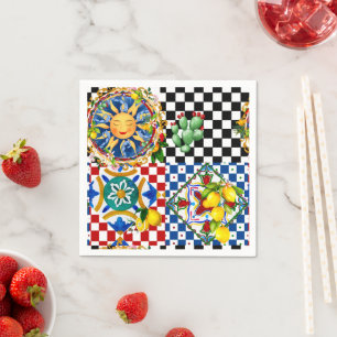 Serviette En Papier soleil sicilien, citron, carreaux méditerranéens,