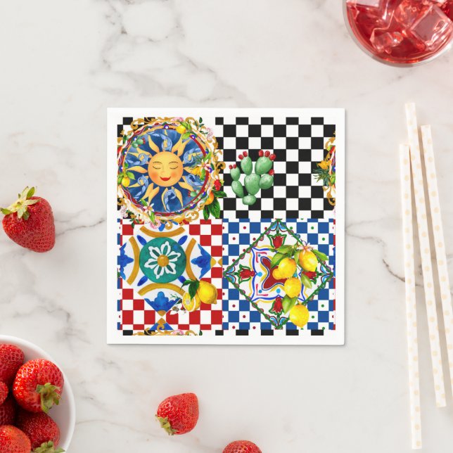 Serviette En Papier soleil sicilien, citron, carreaux méditerranéens, (En situation)