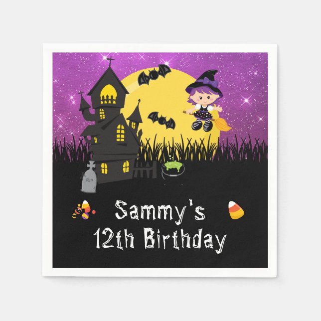 Serviette En Papier Sorcière de fête d'anniversaire d'Halloween violet (Devant)