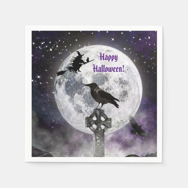Serviette En Papier Sorcière déplaisante et Pleine lune Halloween Papi (Devant)