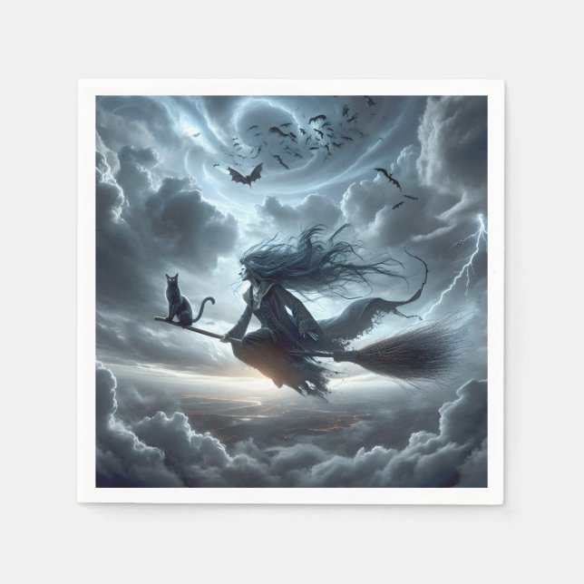 Serviette En Papier Sorcière d'Halloween et chat sur une chambre (Devant)