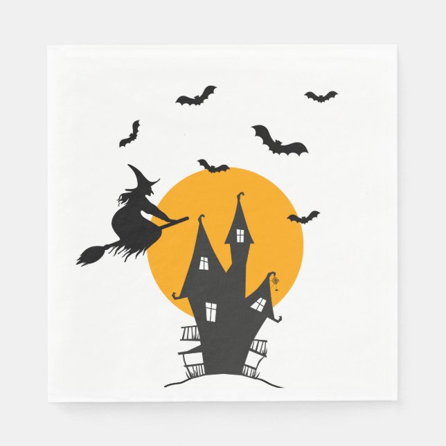 Serviette En Papier Sorcière Maison hantée Orange & Napkin noir (Devant)