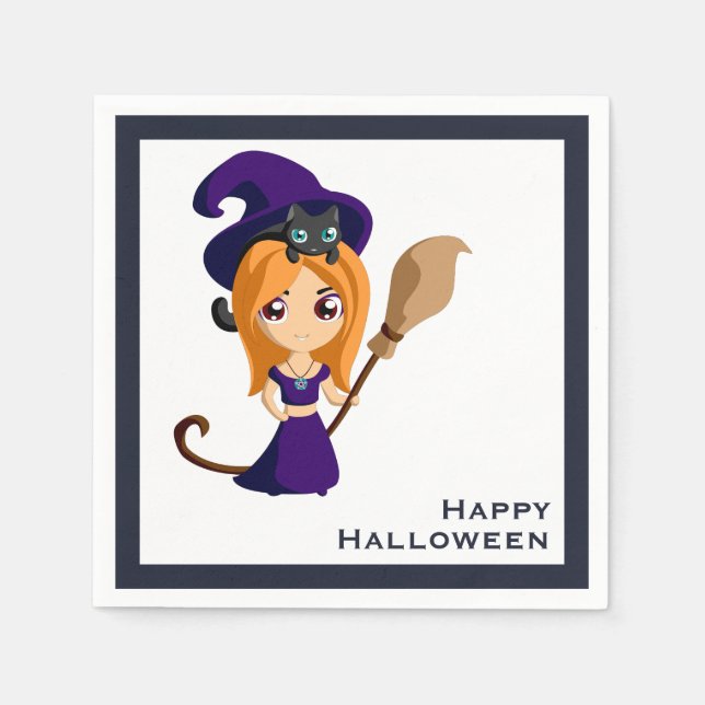 Serviette En Papier Sorcière mignonne en Casquette violet Halloween (Devant)