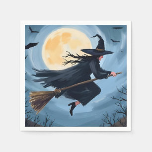 Serviette En Papier Sorcière sur un balai Bonne peinture Halloween