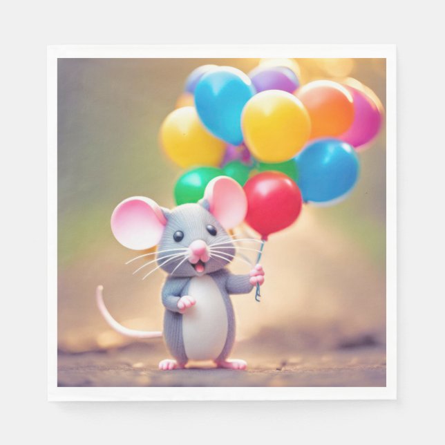 Serviette En Papier Souris D'Anniversaire Avec Ballons (Devant)