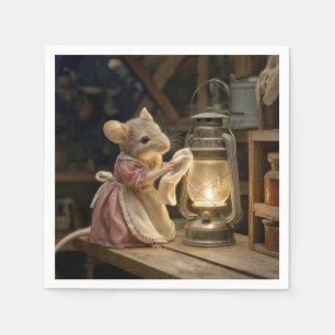 Serviette En Papier Souris dépoussiérant une vieille lanterne