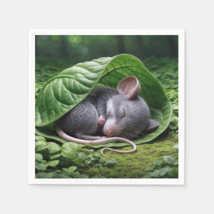 Serviette En Papier Souris dormant dans une feuille verte