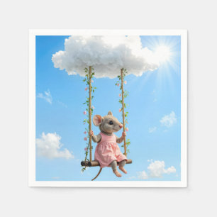 Serviette En Papier Souris Fille En Robe Rose Sur une Balancoire