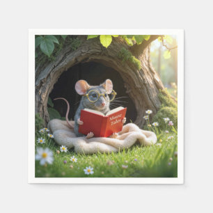 Serviette En Papier Souris lisant un livre rouge sur une couverture