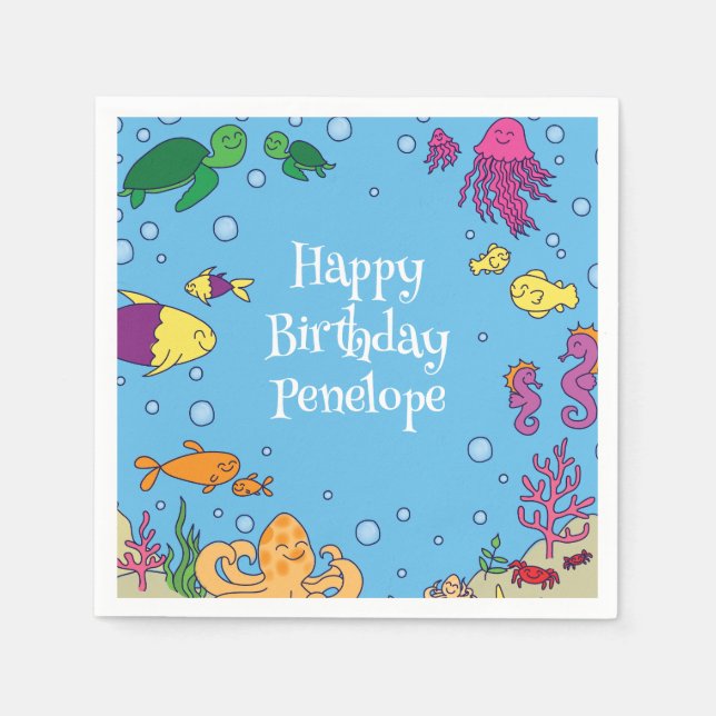 Serviette En Papier Sous la mer Animaux mignons 1er anniversaire (Devant)