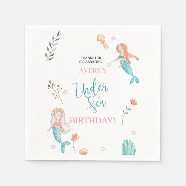 SERVIETTE EN PAPIER SOUS LA MER, ANNIVERSAIRE MERMAIN, COULEUR D'EAU M (Devant)
