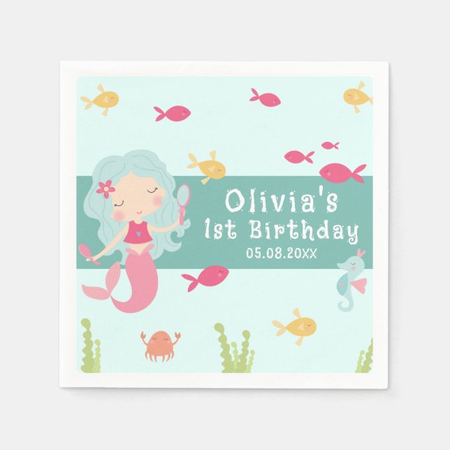 Serviette En Papier Sous la mer Première Sirène d'anniversaire (Devant)