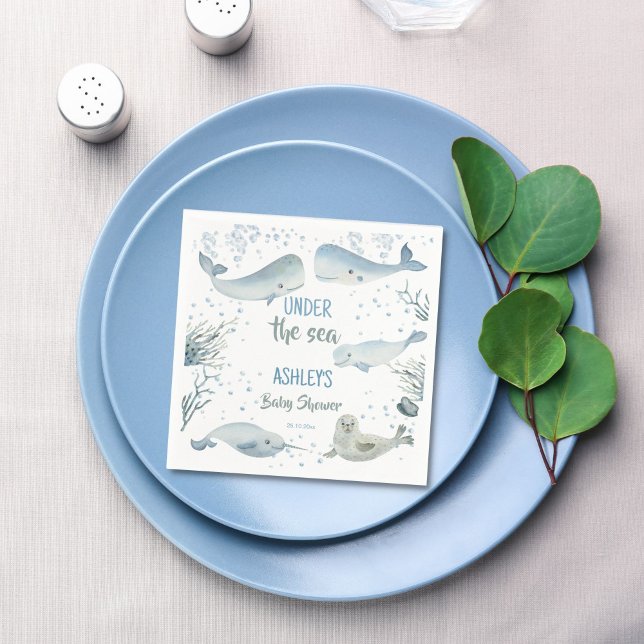 Serviette En Papier Sous le baby shower des garçons de mer imprimé (Under the sea dusty blue pastel boy baby shower printed napkins personalized table decor)