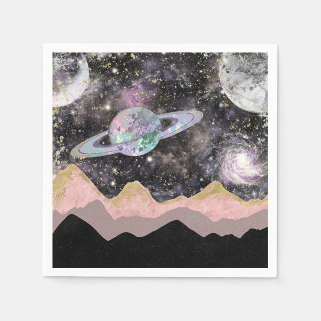 Serviette En Papier Space Mountains Gold Starry Sky Galaxy Planètes (Devant)