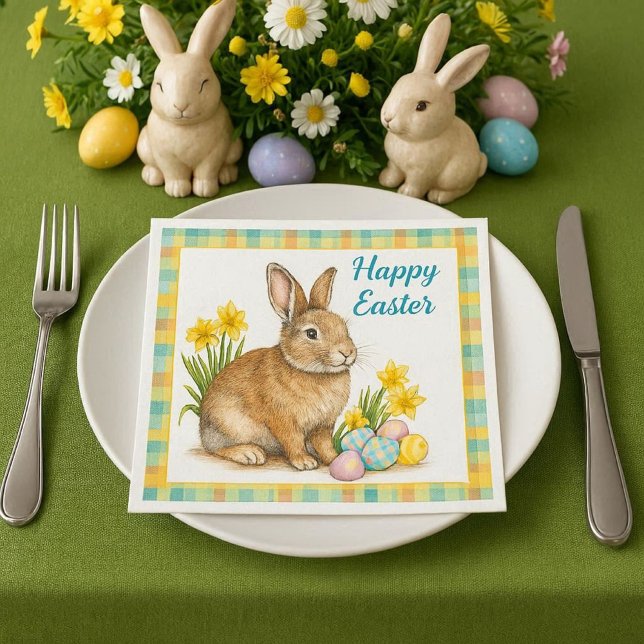 Serviette En Papier Spring Plaid with Easter Bunny  (Elevate your Easter table setting with our spring plaid bunny paper napkins. )