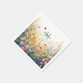 Serviette En Papier Spring Watercolor ladybug Floral Monogram Wildflow