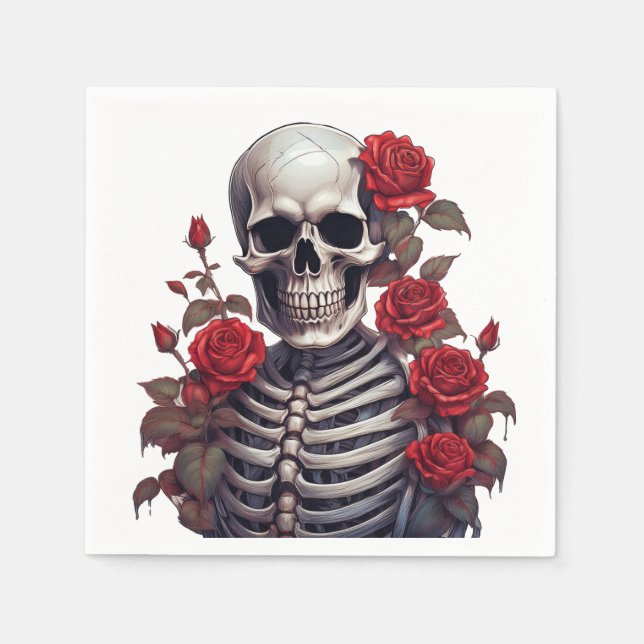 Serviette En Papier Squelette Avec Roses Rouges (Devant)