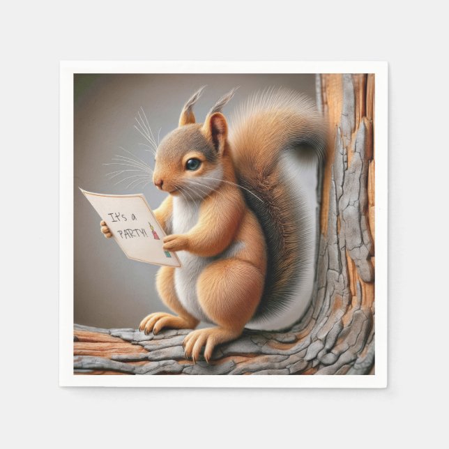 Serviette En Papier Squirrel Lecture d'un Invitation de fête d'anniver (Devant)