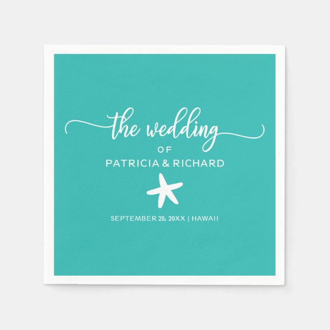 Serviette En Papier Starfish Beach Mariage Turquoise Turquoise et Blan (Devant)
