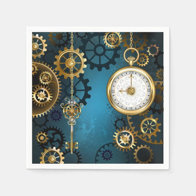 Serviette En Papier Steampunk Arrière - plan turquoise avec Gears (Devant)