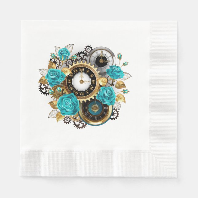 Serviette En Papier Steampunk Clock and Turquoise Roses on Striped (Devant)