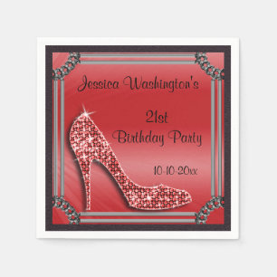 Serviette En Papier Stiletto Rouge Cadre Élégant Argent 21e Anniversai