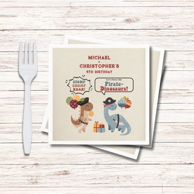 Serviette En Papier Stomp Chomp Roar Pirate Dinosaur Twin Boy Annivers (Your twin boys will Chomp Stomp Roar with these pirate dinosaurs as they celebrate their birrthday.)