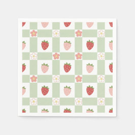 Serviette En Papier Strawberry Gingham Pastel Green 1st Birthday