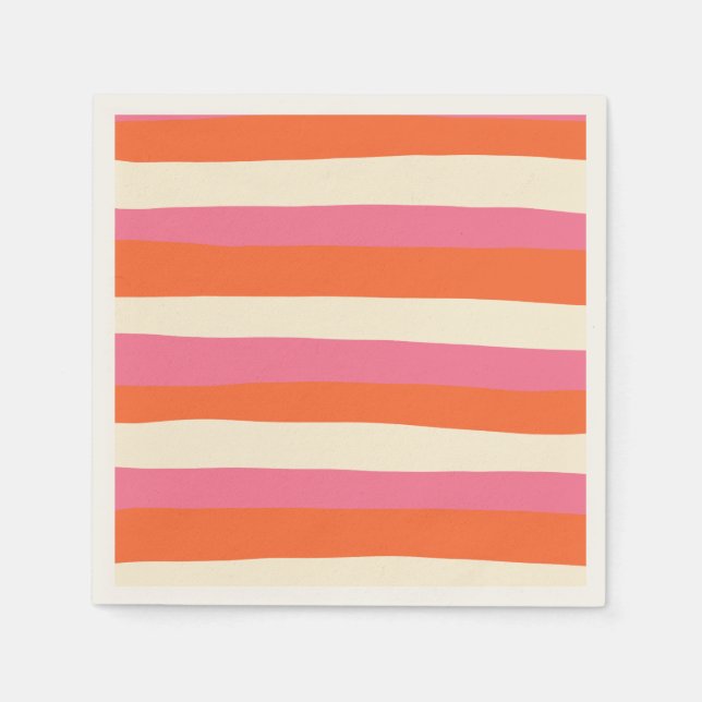 Serviette En Papier Stripes inégales - rose, orange et crème (Devant)