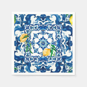 Serviette En Papier style italien, méditerranéen, mosaïque, bleu,