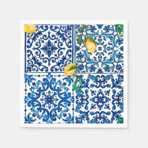 Serviette En Papier style italien, méditerranéen, mosaïque, bleu, citr