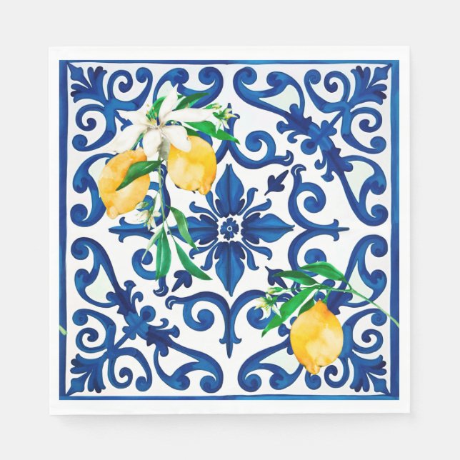 Serviette En Papier style italien, mosaïque, bleu, citron, (Devant)
