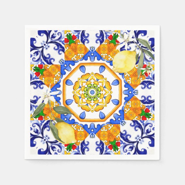 Serviette En Papier style sicilien, citrons, majolica (Devant)