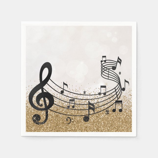 Serviette En Papier Stylish Treble Clef note musicale Black GoldGlitte (Devant)
