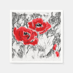Serviette En Papier Stylo dessiné à la main des pavots rouges fleurs f