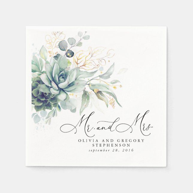 Serviette En Papier Succulents Gold Green Elegant Boho Mariage (Devant)