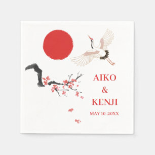 Serviette En Papier Sumi-e Cerisier Grue Mariage Japonais