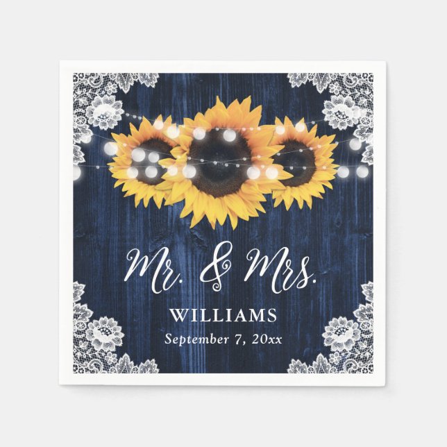 Serviette En Papier Sunflower bleu marine M. et Mme Mariage (Devant)