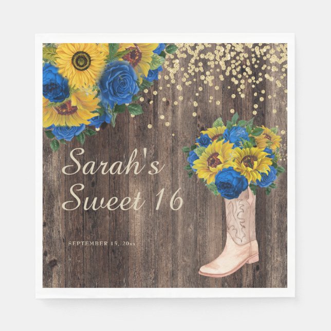 Serviette En Papier Sunflower Rustique Roses Bleues Bottes Sweet 16 (Devant)