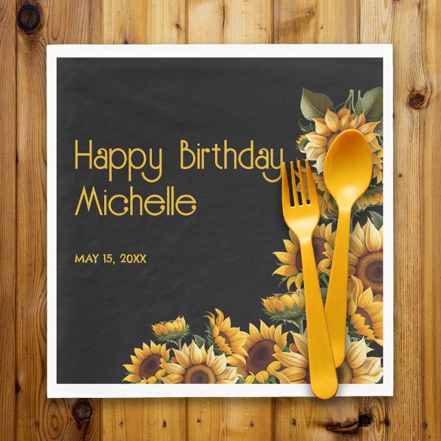 Serviette En Papier Sunflowers Black Rustic Elegant Joyeux Anniversair (Sunflowers on black birthday party paper napkins)