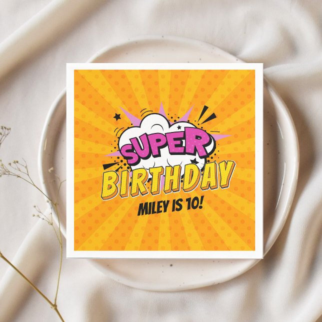 Serviette En Papier Superhero Comic Book Girl's mignon anniversaire (Girl's superhero personalized birthday napkin)