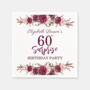 Serviette En Papier Surprise Senior Anniversaire fête Floral Bourgogne