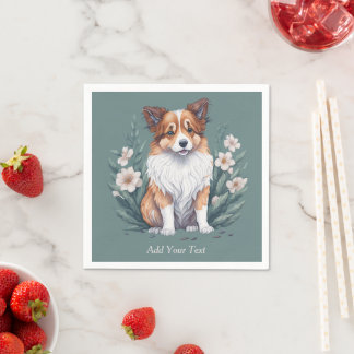 Serviette En Papier Süßer Collie umringt von Blumen - 