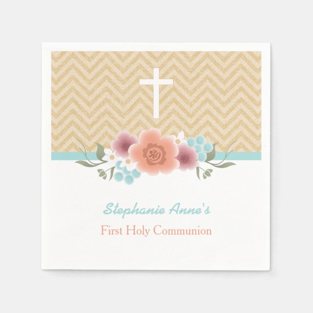 Serviette En Papier Swag floral communion en or et Aqua (Devant)