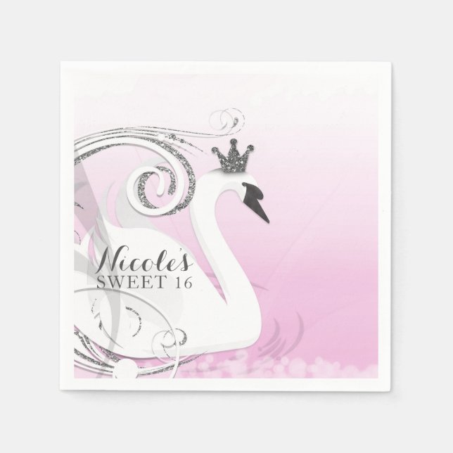 Serviette En Papier Swan Princess Baby shower blanc argent rose Favori (Devant)