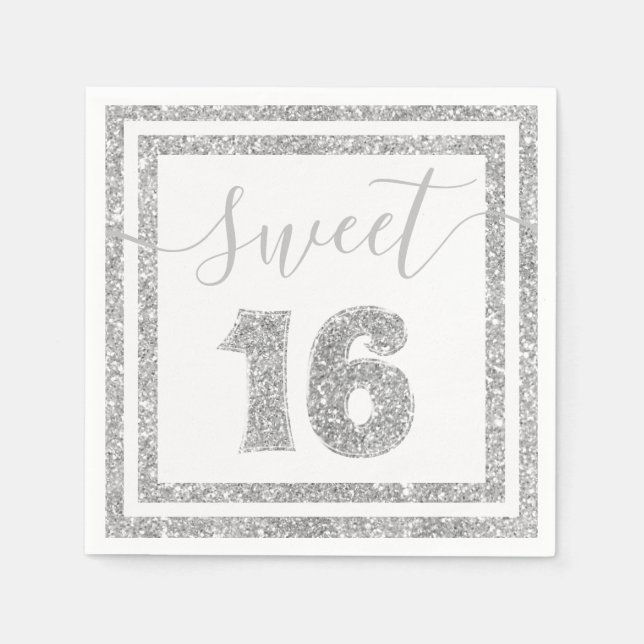 Serviette En Papier Sweet 16 Argent Faux Parties scintillant Bande Ann (Devant)